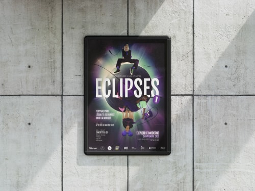 Affiche du festival Eclipses 7, présentant des artistes dans un design graphique coloré, avec le texte 'ECLIPSES' en grandes lettres blanches sur fond sombre.