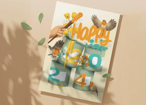 Une illustration festive représentant un panneau avec des bougies surmontées de fleurs et d'oiseaux, portant le message 'Happy 2024'.