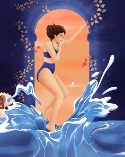 Une femme en maillot de bain bleu sautant dans l'eau avec des éclaboussures, à travers une arche décorée de feuilles, sous un ciel orange.