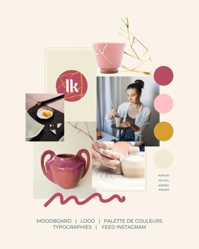 Moodboard créatif présentant des éléments de design, y compris des poteries, des modèles de couleurs et des typographies, avec une femme en train de créer de la céramique.
