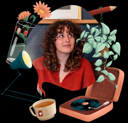 Femme avec des cheveux bouclés, regardant vers le haut, entourée d'illustrations de fleurs, d'une plante, d'une lampe et d'un tourne-disque avec un vinyle.