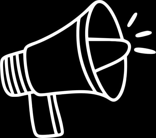 Icône d'un mégaphone blanc sur fond noir.
