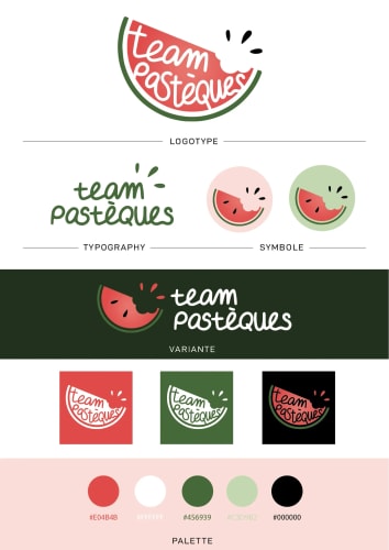 Logo de Team Pasteques avec un design de pastèque, incluant le logotype, la typographie, et plusieurs variantes de couleur, ainsi qu'une palette de couleurs.