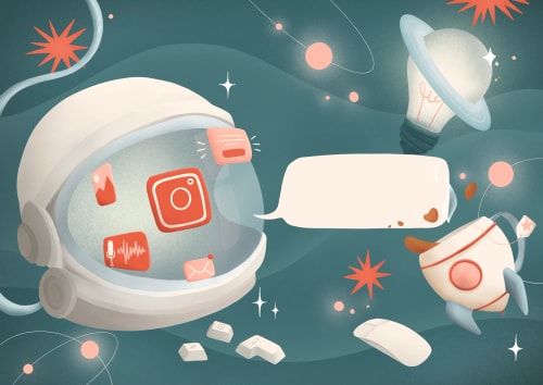 Une illustration d'un astronaute avec un casque spatial entouré d'icônes d'applications de médias sociaux, une ampoule, des étoiles, et un robot qui tient un message vide.