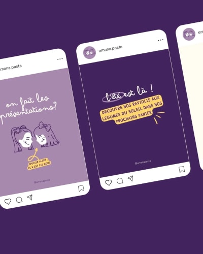 Trois publications Instagram sur un fond violet. La première demande 'On fait les présentations?' avec des illustrations de deux visages. La deuxième annonce 'L'été est là !' et encourage à découvrir des raviolis aux goûts d'été.