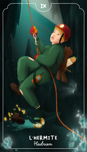 Un enfant en tenue d'exploration, suspendu par une corde dans une grotte sombre, regardant vers le bas avec une expression d'émerveillement. Il tient un sandwich et une peluche, entouré de gemmes brillantes et d'objets mystérieux au sol.