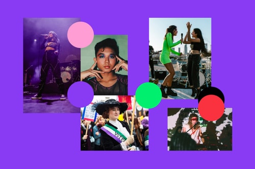 Collage d'images représentant des femmes artistes sur scène, en action et en militance, avec un fond violet et des formes géométriques colorées.