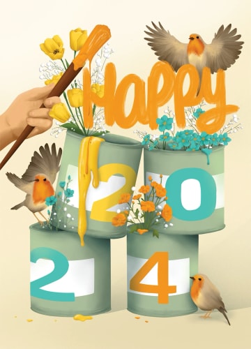 Une illustration colorée avec des pots de peinture, des oiseaux et des fleurs. Les pots affichent les chiffres 2024 et le mot 'Happy' en lettres orange sur le dessus, tandis qu'un pinceau trempé dans de la peinture orange est utilisé pour peindre le mot.