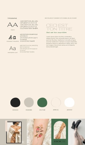 Image présentant des exemples de typographie avec différentes polices et un design à la mode. En bas, des échantillons de couleurs avec les codes hexadécimaux correspondants. Il y a aussi une illustration de tatouage sur une jambe.