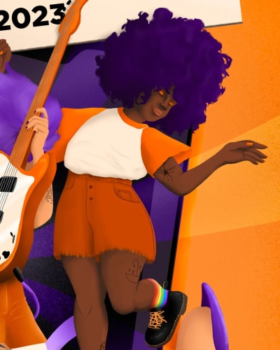 Illustration d'une femme avec des cheveux crépus et volumineux, portant un haut blanc et un short orange. Elle danse avec un bras tendu, un sourire sur le visage. En arrière-plan, on voit une guitare et des motifs colorés.