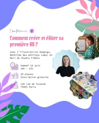 Affiche sur la conférence sur l'édition et la BD avec Gomargu, les éditions Leduc et Studio Fidèle