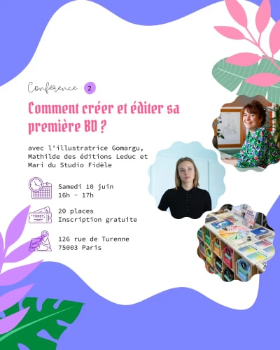 Affiche sur la conférence sur l'édition et la BD avec Gomargu, les éditions Leduc et Studio Fidèle