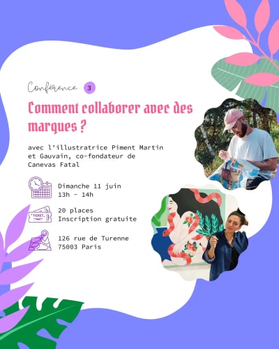 Affiche sur la conférence sur la collaboration avec des marques avec Piment Martin et Gauvain de Canevas Fatal