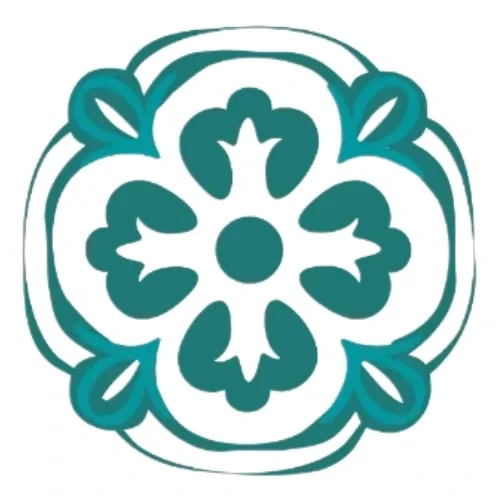 Un azulejo, motif floral stylisé avec des pétales et un cœur central, le tout dans des tons de turquoise et blanc.