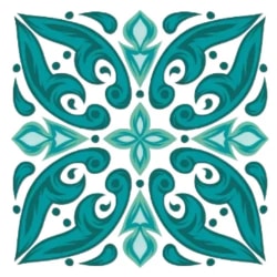 Un azulejo, motif orné de formes fluides de couleur turquoise et bleu, avec des croix et des éléments en forme de goutte disposés symétriquement.
