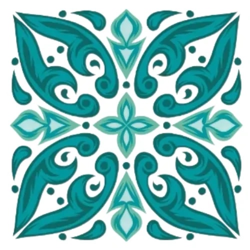 Un azulejo, motif orné de formes fluides de couleur turquoise et bleu, avec des croix et des éléments en forme de goutte disposés symétriquement.