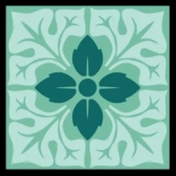 Un azulejo, motif décoratif de carreau de céramique de couleur turquoise avec une fleur stylisée à quatre pétales et des feuilles.