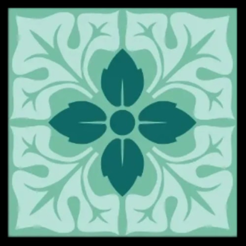 Un azulejo, motif décoratif de carreau de céramique de couleur turquoise avec une fleur stylisée à quatre pétales et des feuilles.