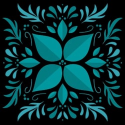 Un azulejo bleu turquoise, motif floral stylisé avec des feuilles et des formes géométriques de couleur turquoise sur un fond clair, et symbole de Abracadabra Spa.