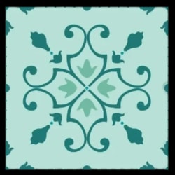 Un azulejo , motif décoratif symétrique en turquoise et vert, avec des formes de feuilles et des arabesques.