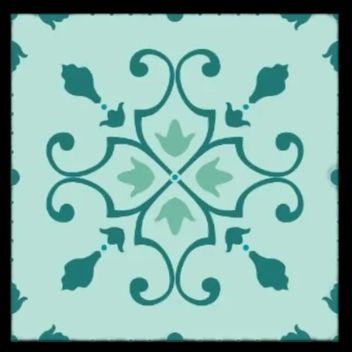 Un azulejo , motif décoratif symétrique en turquoise et vert, avec des formes de feuilles et des arabesques.