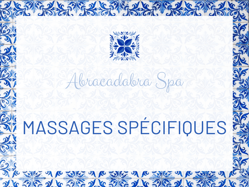 Fond de motifs bleus et blancs avec le texte 'Abracadabra Spa' en haut et 'MASSAGES SPÉCIFIQUES' en dessous.