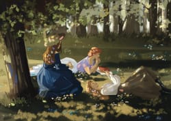 Deux femmes se reposent dans une clairière en forêt : l’une en robe bleue, l’autre assise près d’un panier, entourées de fleurs et d’arbres.