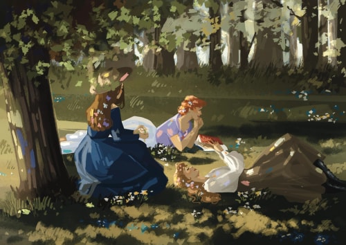 Deux femmes se reposent dans une clairière en forêt : l’une en robe bleue, l’autre assise près d’un panier, entourées de fleurs et d’arbres.