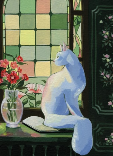 Cuisine colorée avec motifs décoratifs, où une femme en robe rouge prépare un repas près d’une fenêtre, accompagnée d’un chien.