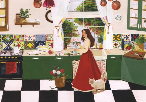 Cuisine colorée avec motifs décoratifs, où une femme en robe rouge prépare un repas près d’une fenêtre, accompagnée d’un chien.