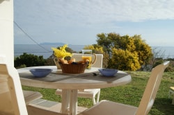 Vue d'une table sur une terrasse avec des fleurs jaunes, un panier de croissants et un verre de jus, surplombant la mer et des collines verdoyantes.