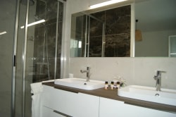 Salle de bain moderne avec deux lavabos, miroir, étagère en bois, et douche en verre.