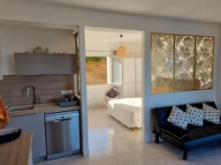 Intérieur d'un appartement avec une cuisine moderne à gauche, un salon avec un canapé noir et des coussins à motifs, et une chambre lumineuse à droite avec un lit et des fenêtres.