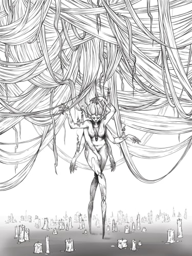 Illustration digitale en noir et blanc montrant une créature féminine à quatre bras au centre, entourée de sa chevelure suspendue au-dessus d'elle et de bougies allumées au sol
