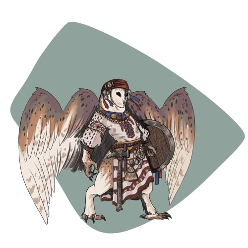 Un personnage Owlin de Donjons et Dragons, vêtu d'une tunique traditionnelle inspiré par l'Europe de l'Est et d'un bandana, portant un bouclier de bois et un marteau de guerre.