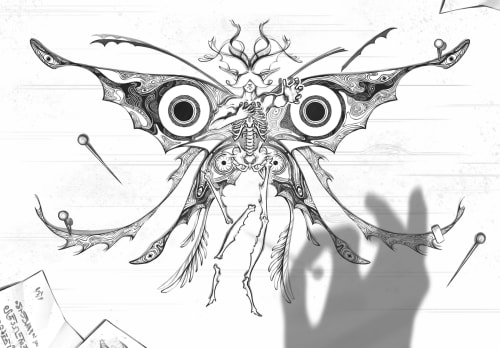 Illustration digitale en noir et blanc représentant un insecte hybride avec un squelette humain, des ailes aux grands yeux, et l'ombre d'une main d'un collectionneur prête à épingler le papillon.