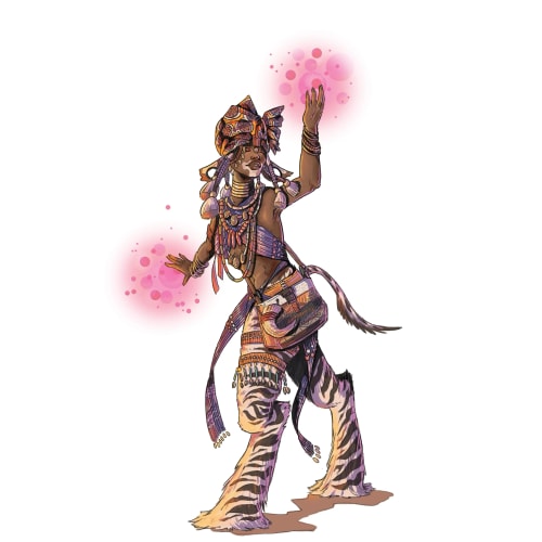 Personnage satyre de Donjons et Dragons à la peau sombre arborant des traces de vitiligo et des jambes de zèbre, portant une coiffe et des vêtements de cultures africaines, invoquant des sphères d'énergie magique rose avec ses mains.