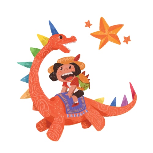 Illustration d'un enfant joyeux avec un chapeau de paille et un sac à dos, montant un dinosaure orange décoré, entouré d'étoiles sur un fond blanc.