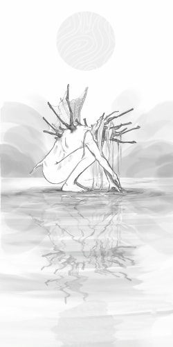 Illustration en noir et blanc de créatures fantastiques, dont un petit dragon et une bête ronde, accompagnée du titre manuscrit « Thé des Chimères ».