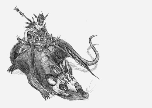 Dessin au crayon montrant un guerrier en armure du jeu de rôle Les Oubliés chevauchant un rat géant. Le personnage est casqué et porte une lance, tandis que l'animal porte un harnais complexe.