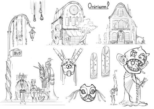 Planche digitale en noir et blanc de concepts visuels regroupant des créatures étranges ainsi que de l'architecture inspirée par l'Art Nouveau et diverses cultures tribales.