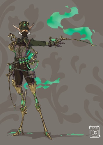 Illustration d'un personnage elfe féminin, avec deux prothèses dorées aux jambes, inspiré par l'art Baroque, ainsi que de longues armes en aiguille empoisonnées sur les main.