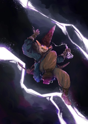 Un gnome magicien avec un chapeau pointu, portant une fiole lumineuse dans les mains glisse dans le ciel au milieu d'éclairs violets.