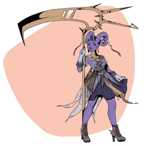 Un personnage tieflin de Donjons et Dragons, avec des cornes torsadées, portant une robe sombre surmontée d'accessoires transparents et un sac en bandoulière, tenant une grande faux dorée.