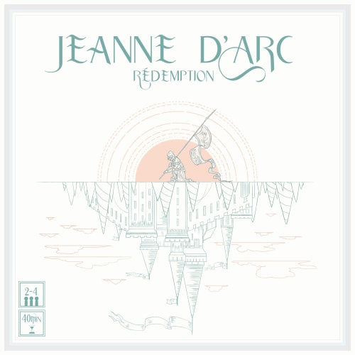 Couverture d'un jeu de société Jeanne d'Arc : Rédemption, illustrant un chevalier au drapeau au-dessus d'un château inversé sur fond blanc. Indications : 2-4 joueurs, 40 minutes.