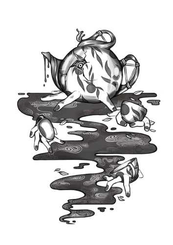 Grenouille stylisée dégoulinant d’encre, avec une petite créature marine à ses côtés, sur une flaque sombre et éclaboussée.