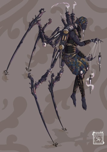 Illustration d'un personnage elfe inspiré par l'art baroque, la peau est noire et les cheveux blancs, sur son dos quatres pattes d'araignées mécaniques et dans ses mains deux lames blanches attachées par un fil.