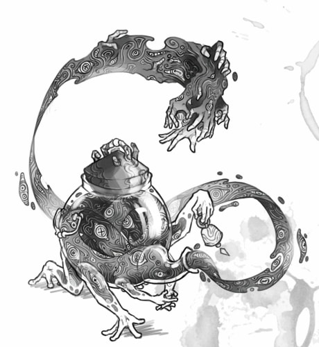 Illustration en noir et blanc de créatures fantastiques, dont un petit dragon et une bête ronde, accompagnée du titre manuscrit « Thé des Chimères ».