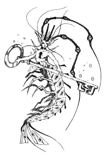 Dessin en noir et blanc d'une sirène mâle hybride d'une crevette et arborant des antennes et un corps segmenté, tenant une grande clé.