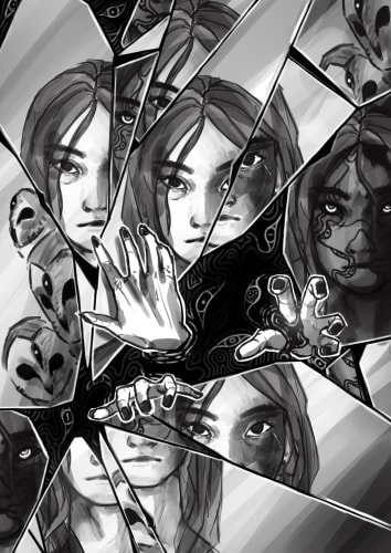Collage en noir et blanc de visages féminins fragmentés, de mains et d’éléments mécaniques, dans un style manga dramatique aux contrastes marqués.